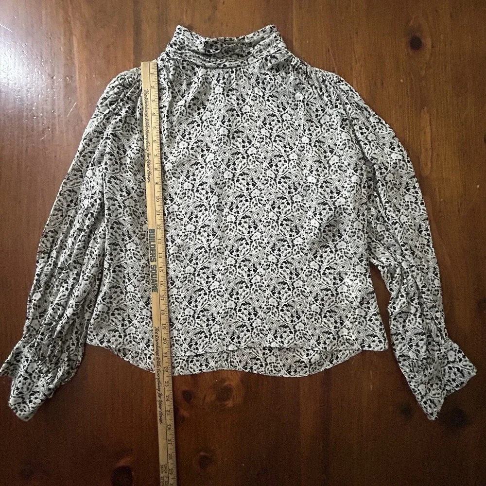 ZARA Paisley BLOUSE L Balloon Puff Sleeve Black White Crop TOP Regency Collared